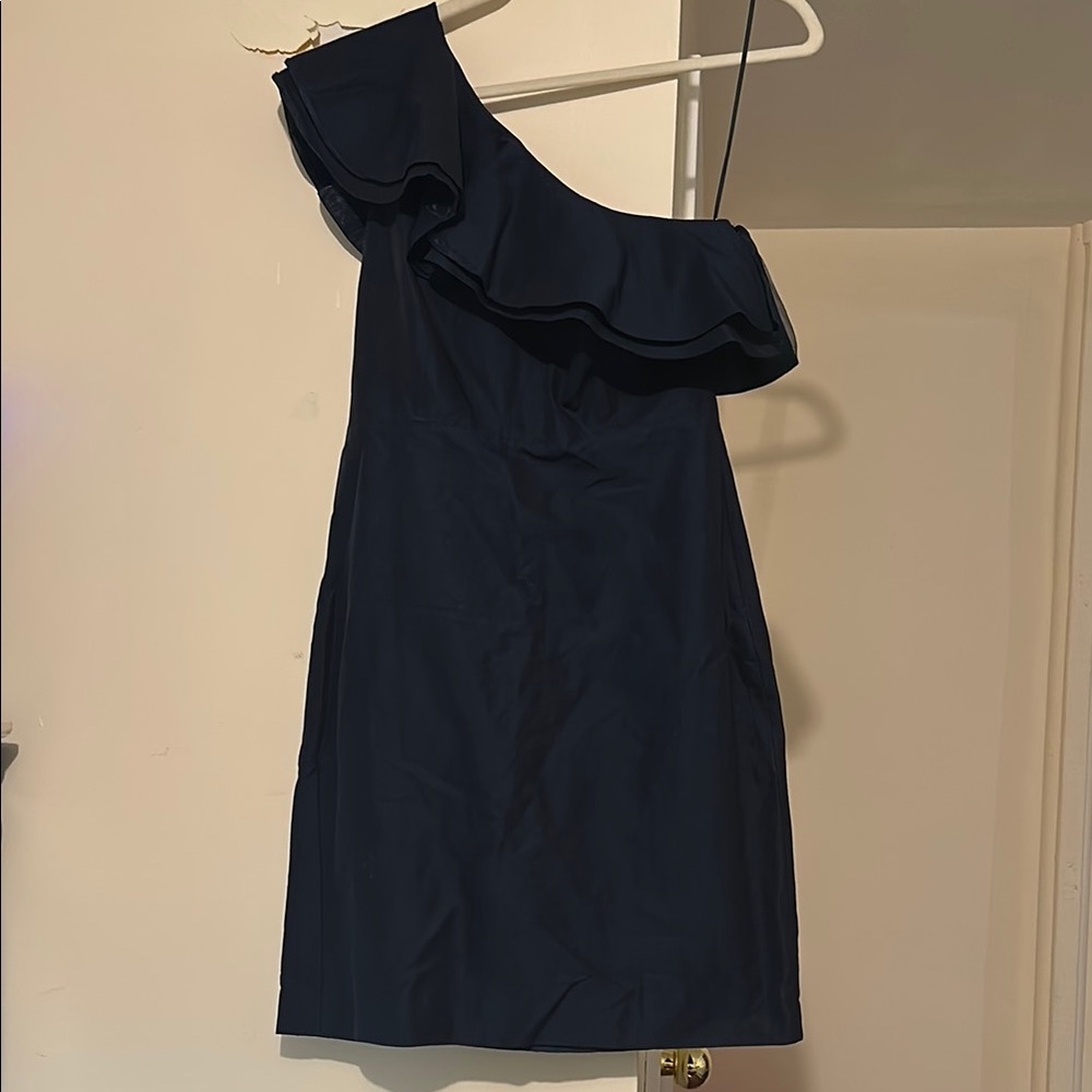 J. Crew Navy Blue Asymmetrical Ruffled One Shoulder Dress